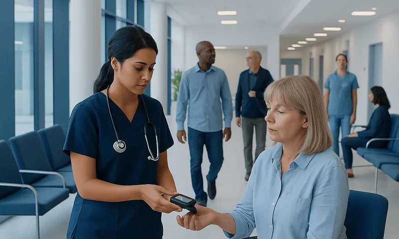 Nurse checking patient's blood sugar levels in hospital corridor.