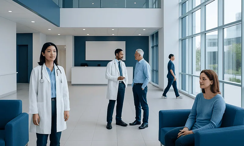 Modern hospital lobby with doctors and patient in a bright, spacious setting.