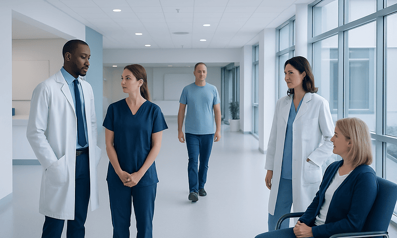Medical team discussing patient care in hospital corridor.