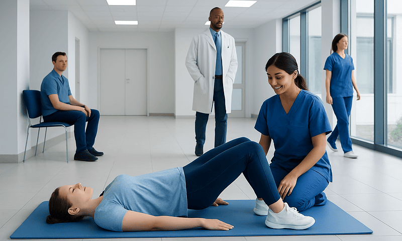 Glute Bridges: A Complete Medical Overview 17 Physical therapy session with a healthcare professional assisting a patient.