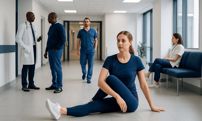 Medical professionals and patients in a hospital corridor.