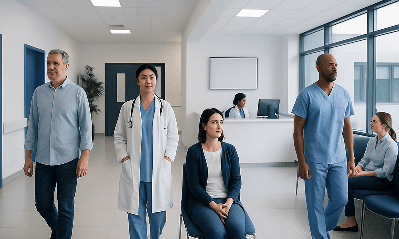 Medical professionals and patients in a modern hospital waiting area.
