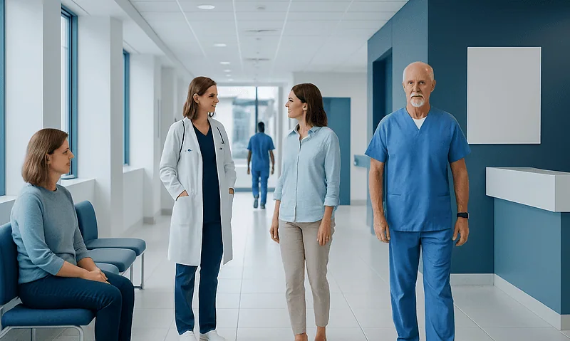 Medical staff and patient in hospital corridor at Acibadem Hospitals Group.