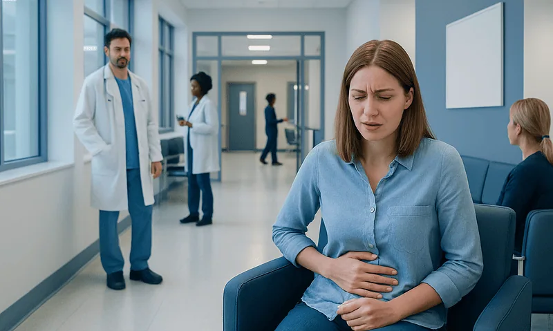 Woman experiencing stomach pain in hospital waiting area.