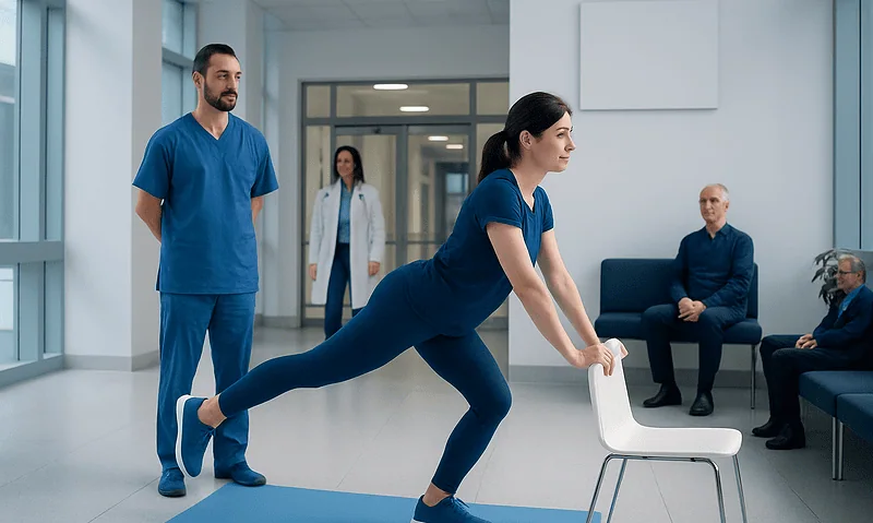 Woman performing chair exercise in a medical setting with healthcare professionals present.
