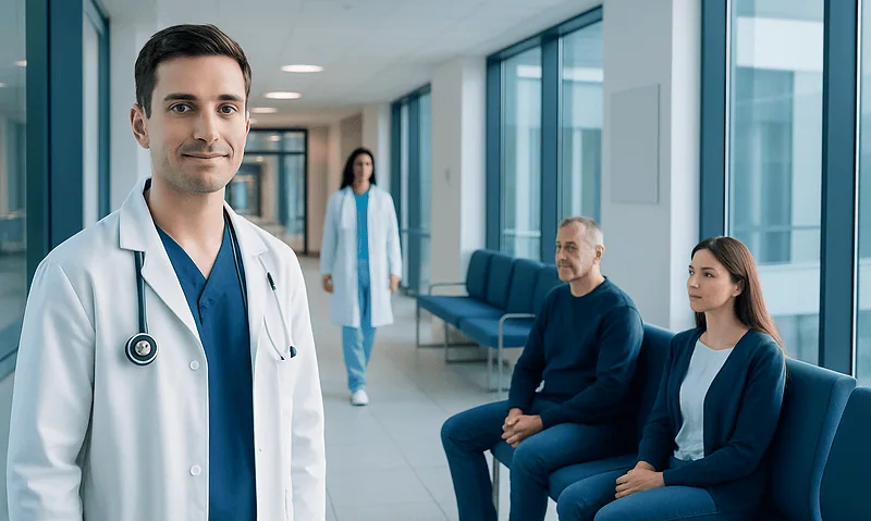 Medical professionals in a hospital waiting area with patients and staff.