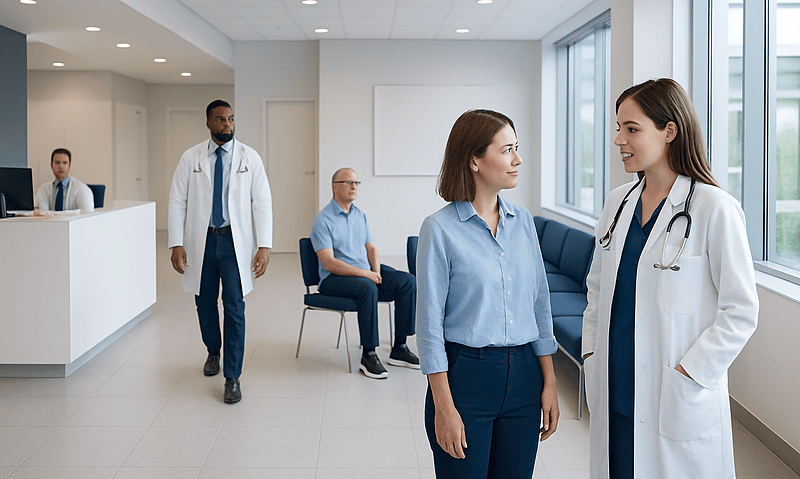 Doctors and patients in a modern hospital corridor at Acibadem Hospitals Group.
