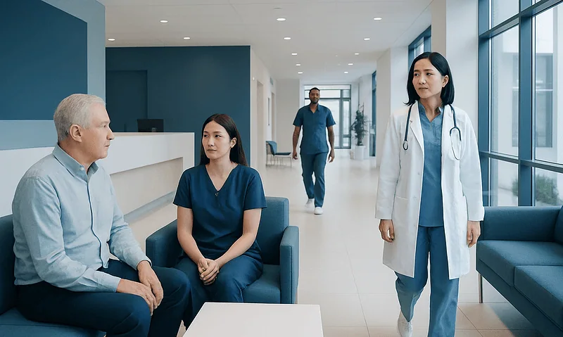 Medical consultation in a hospital waiting area with healthcare professionals and patient.