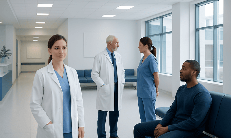 Medical team consulting in a hospital corridor with patient.