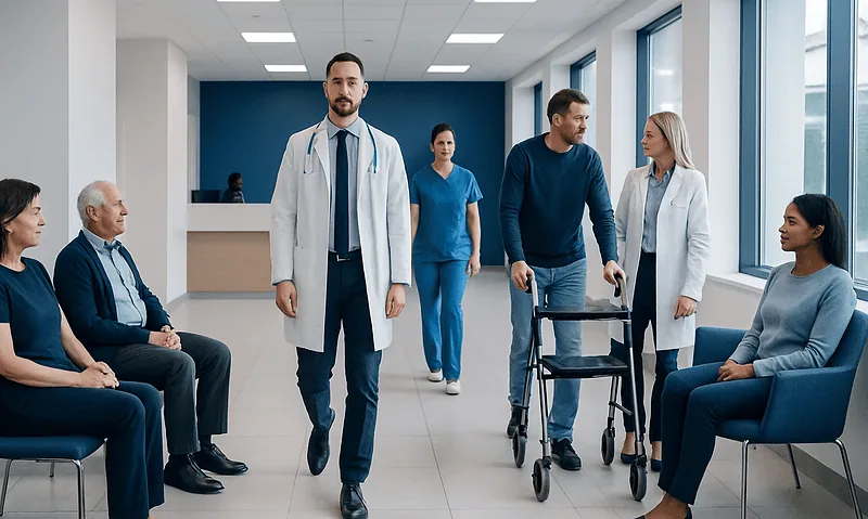 Medical team consulting patients in a hospital corridor.