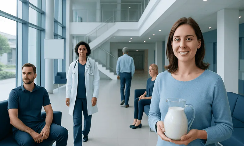 Smiling woman holding a jug of milk in a modern hospital lobby.