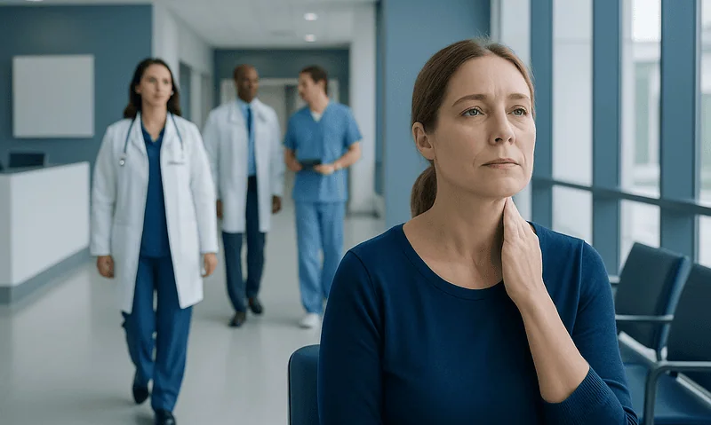 Woman with neck discomfort in hospital corridor with medical staff in background.