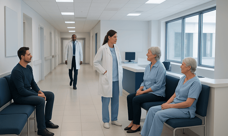 Medical consultation in hospital corridor with healthcare professionals and patients.