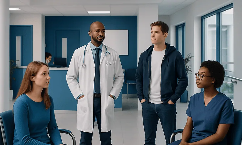 Doctor consulting with patients in a hospital corridor.