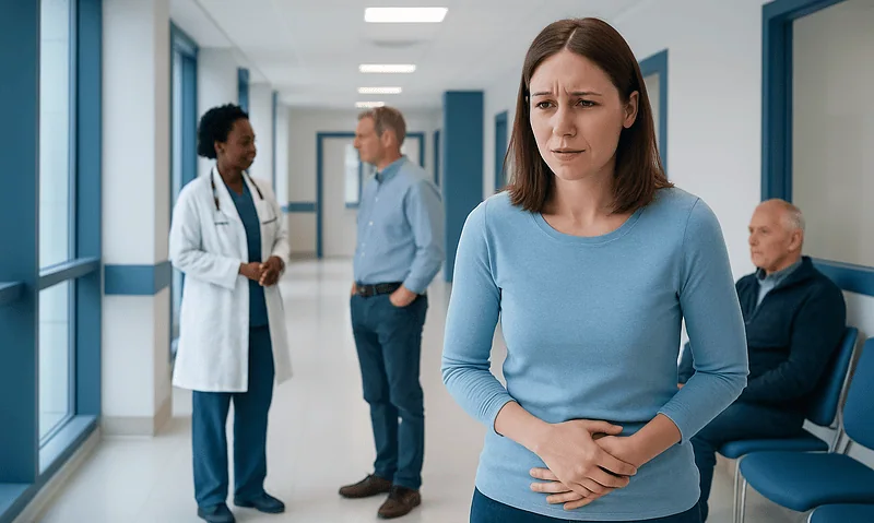 Woman experiencing abdominal pain in a hospital corridor with medical staff nearby.