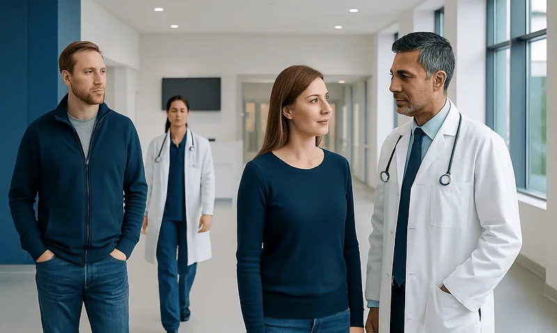 Doctor consulting with a female patient in a hospital corridor.