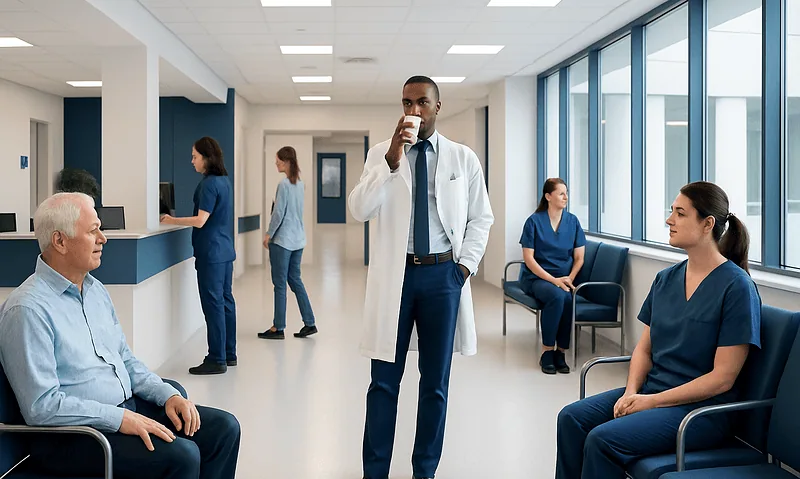 Medical consultation in a modern hospital waiting area with healthcare professionals and patients.