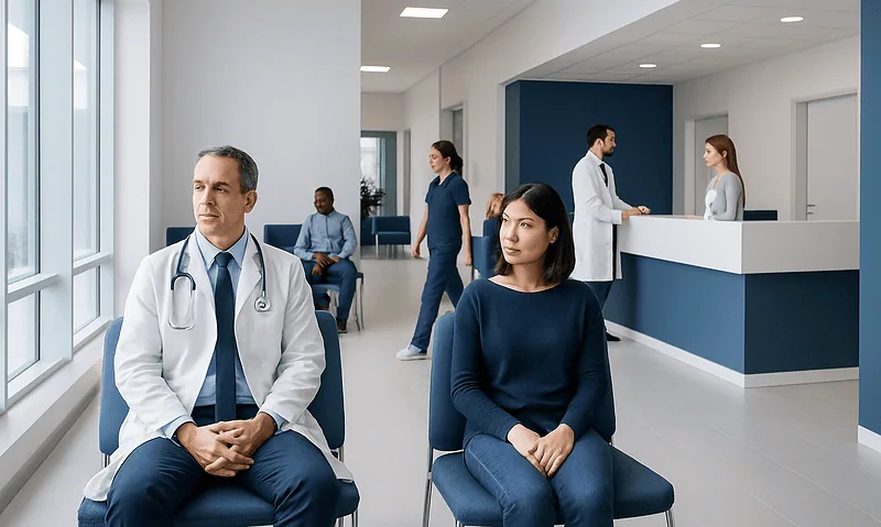 Modern hospital waiting area with patients and staff at Acibadem Hospitals Group.