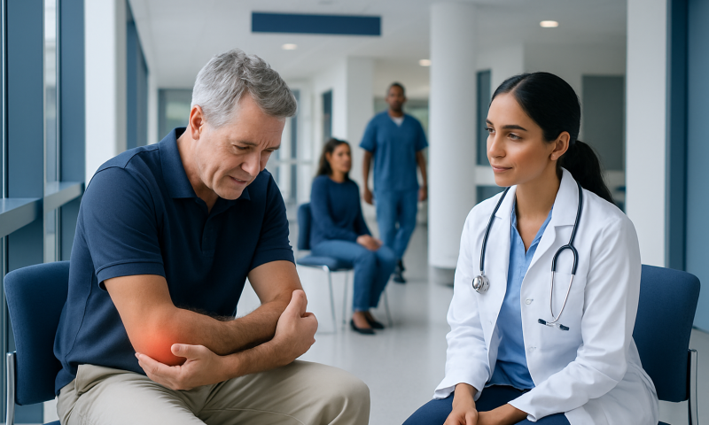 Patient with elbow pain consulting a doctor in a hospital corridor.