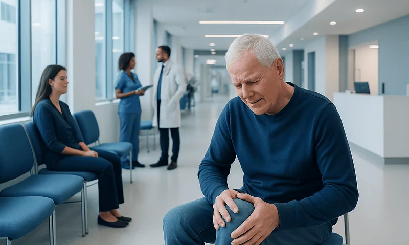 Elderly man experiencing knee pain in a hospital corridor.