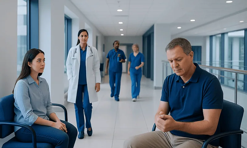 Patient waiting in hospital corridor with medical staff nearby.