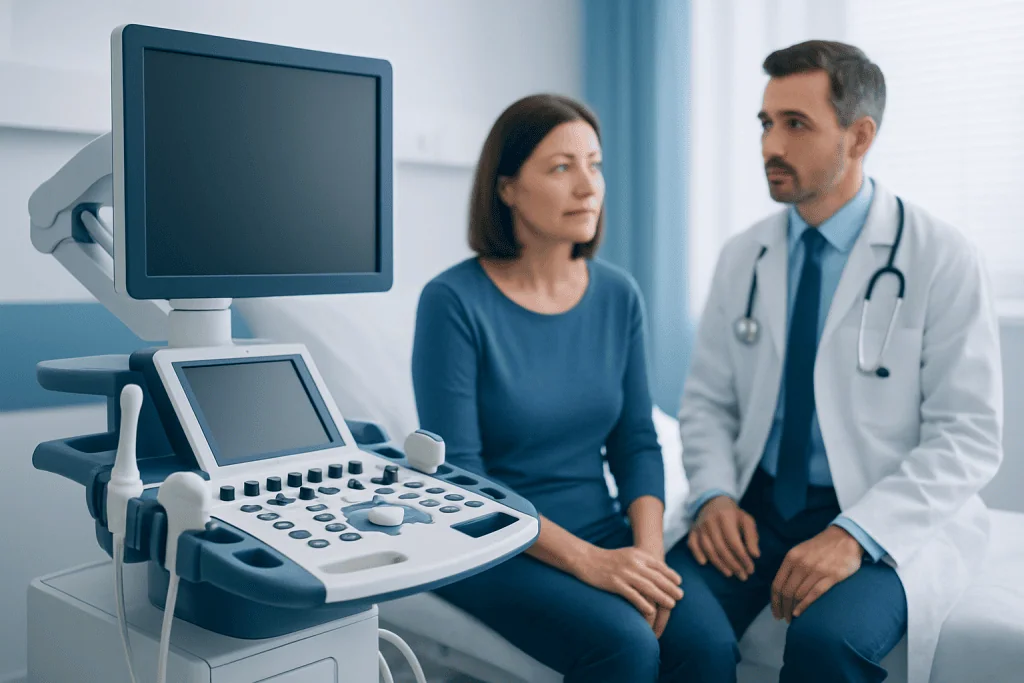 Doctor consulting with patient in a hospital room with ultrasound equipment.