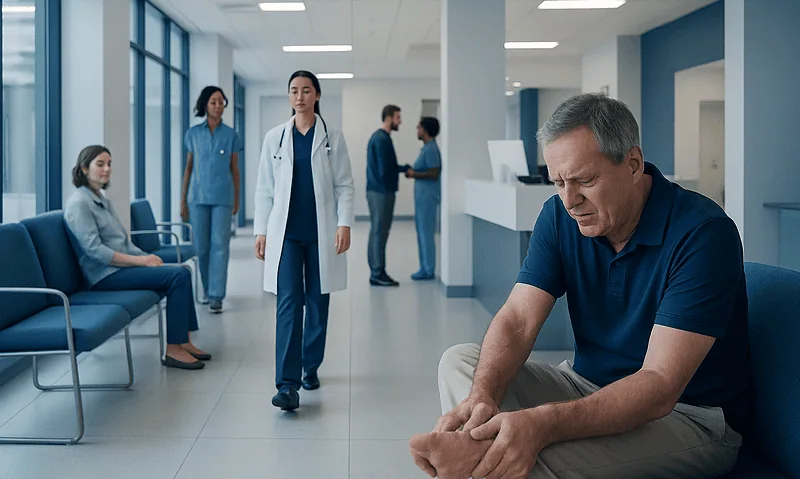 Patient with foot pain in hospital waiting area at Acibadem Hospitals Group.