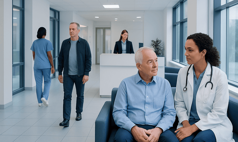 Doctor consulting with elderly patient in hospital corridor.