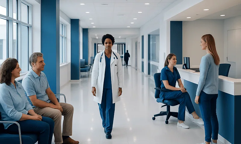 Healthcare professionals and patients in a modern hospital corridor.