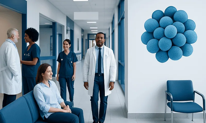 Gram Positive Bacteria: An Evidence-Based Guide for Patients 10 Medical team in hospital corridor with large blue bacteria model on wall.