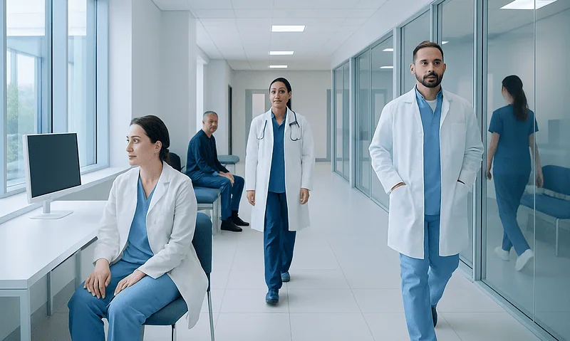 Medical professionals in a hospital corridor with glass walls and modern design.