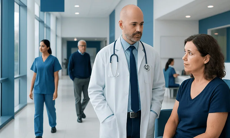 Granuloma Annulare: Symptoms, Causes, and Treatment Options 16 Doctor consulting a patient in a modern hospital corridor.