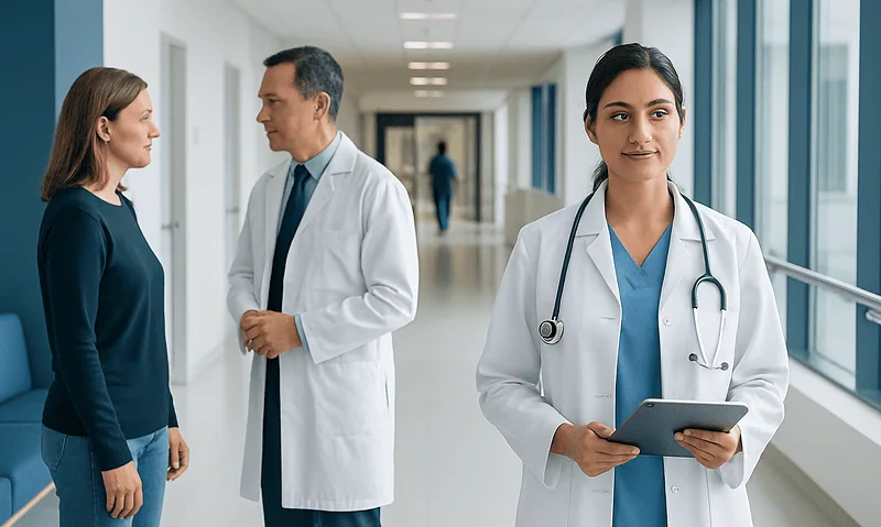Healthcare professionals and patient in hospital corridor.