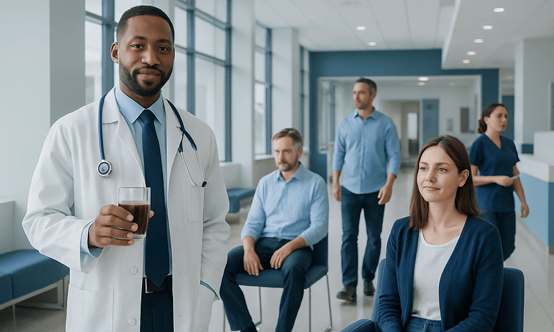 Doctor holding a glass of grape juice in a hospital setting.