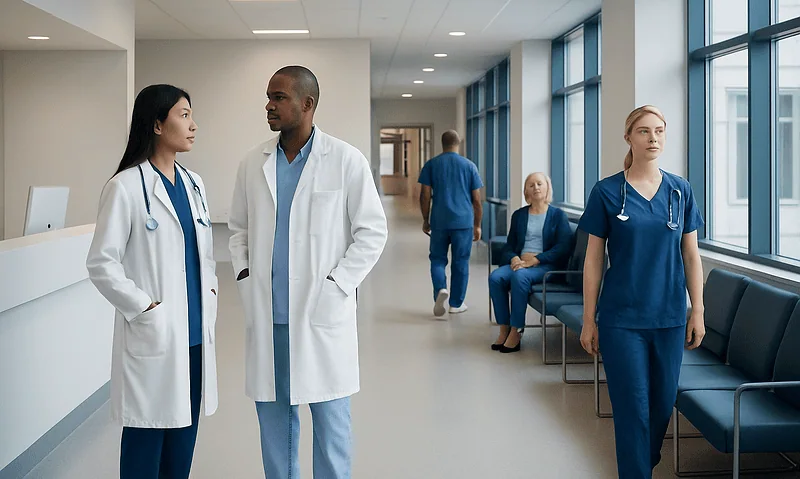 Medical professionals and staff in a hospital corridor at Acibadem Hospitals Group.