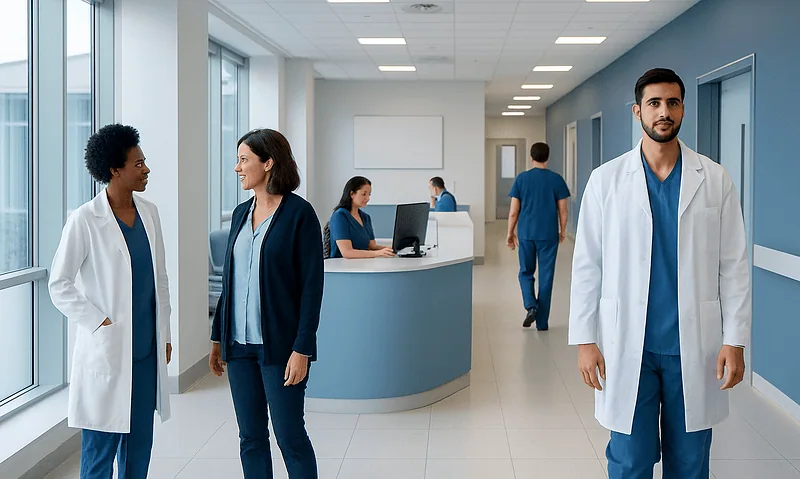 Healthcare professionals in a modern hospital corridor engaging in conversation.