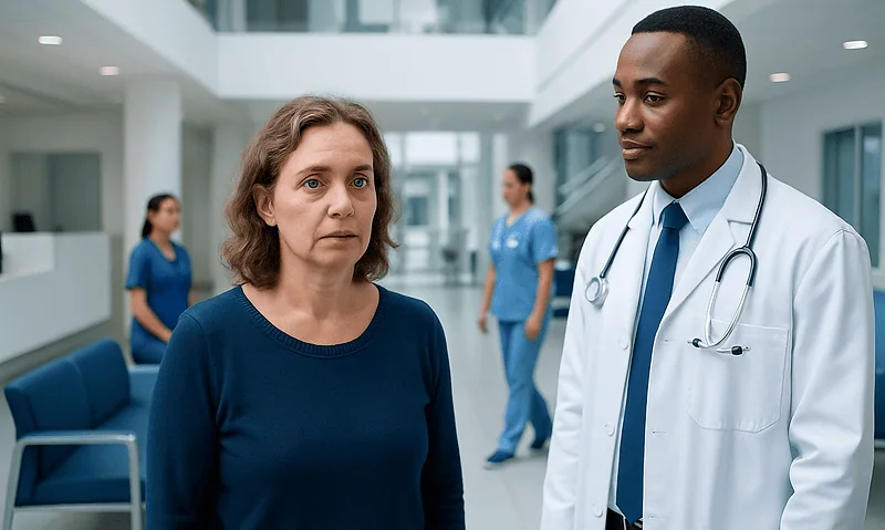 Understanding Graves Disease Eyes: A Complete Patient Guide 18 Doctor consulting with a female patient in a hospital corridor.