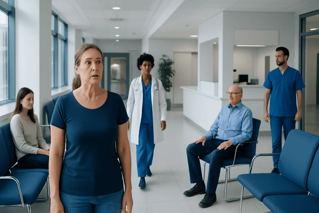 Graves Disease Symptoms: Possible Causes and When to Seek Care 1 Patients waiting in a hospital corridor with a healthcare professional approaching.