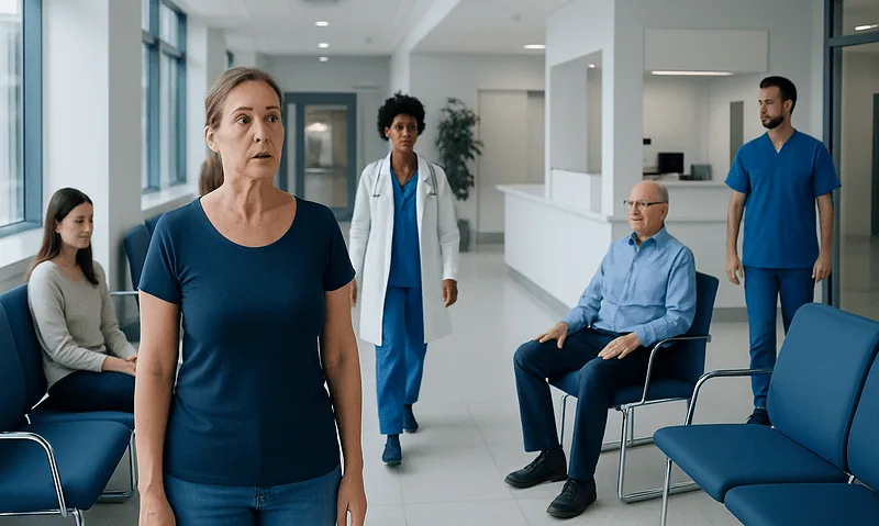 Patients waiting in a hospital corridor with a healthcare professional approaching.