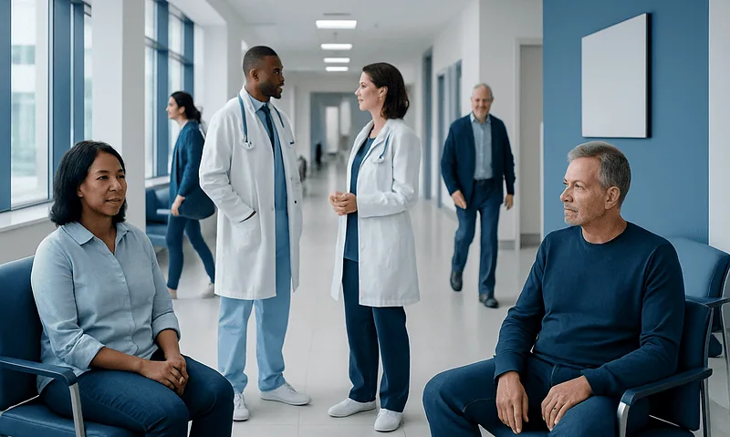 Hospital waiting area with patients and medical staff engaging in consultation.