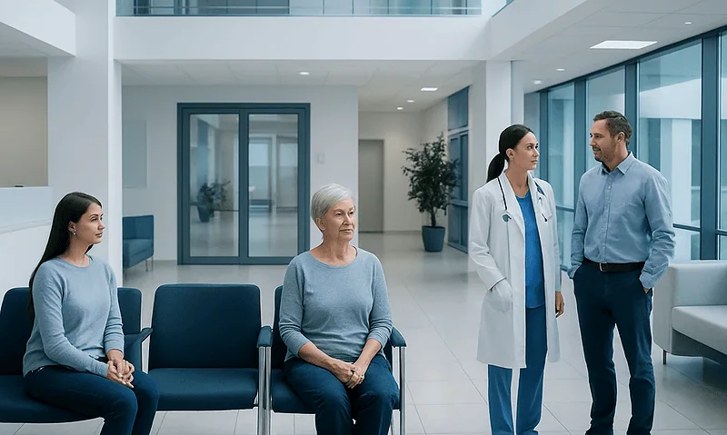 Patients waiting in a modern hospital lobby with medical staff consulting.