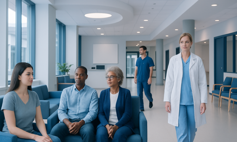 Diverse group of patients and healthcare professional in hospital waiting area.