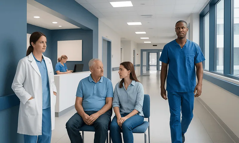 Medical consultation in hospital corridor with healthcare professionals and patient.