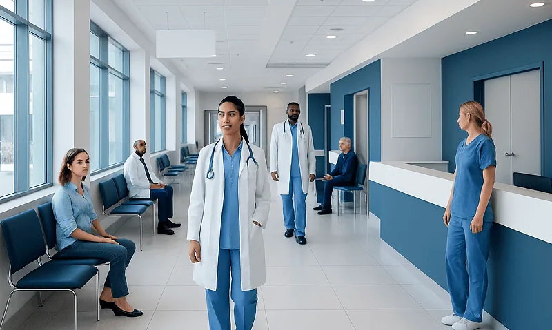 Healthcare professionals and patients in a modern hospital corridor.