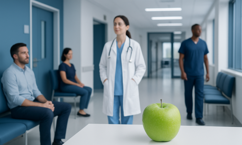 Green apple on hospital reception desk with medical staff in background.