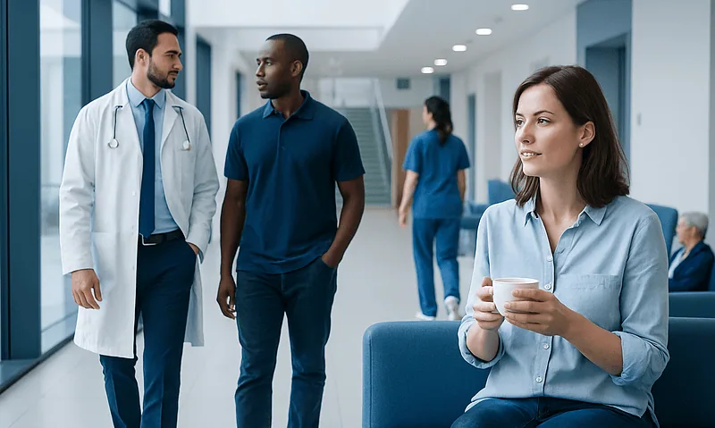 Medical professionals and patient in hospital corridor at Acibadem Hospitals Group.