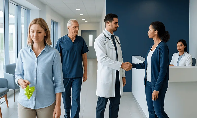 Medical team greeting patient in hospital corridor at Acibadem Hospitals Group.