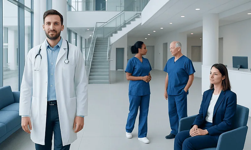 Medical professionals in a modern hospital lobby with doctor in foreground.