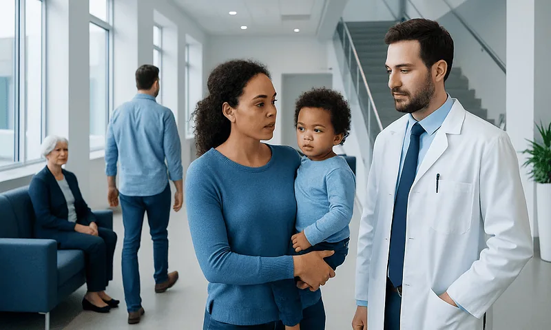 Doctor consulting mother and child in hospital corridor.
