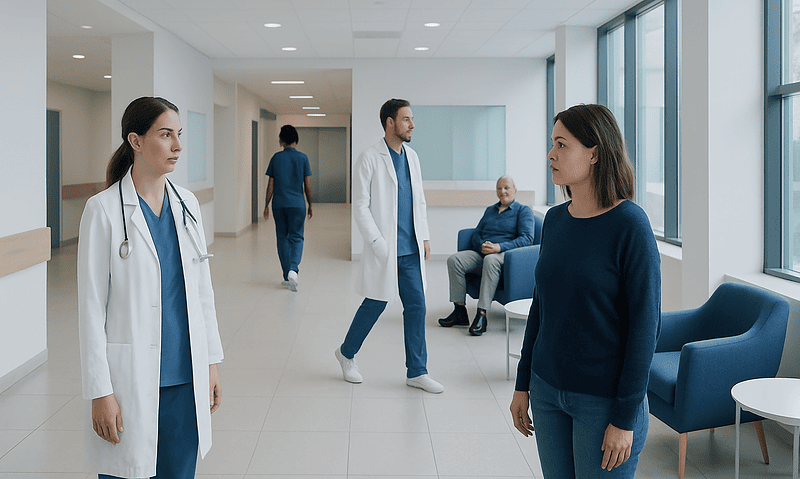 Doctors and patient in a hospital corridor engaging in a consultation.